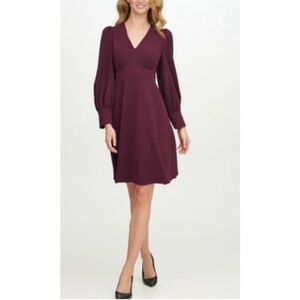 Calvin Klein Scuba Crepe V Neck A-line Midi Dress Long Sleeve Sz 16 EUC